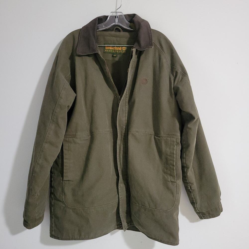 Vintage Timberland Utility Barn Jacket M Green Canvas Pockets Lined Distress